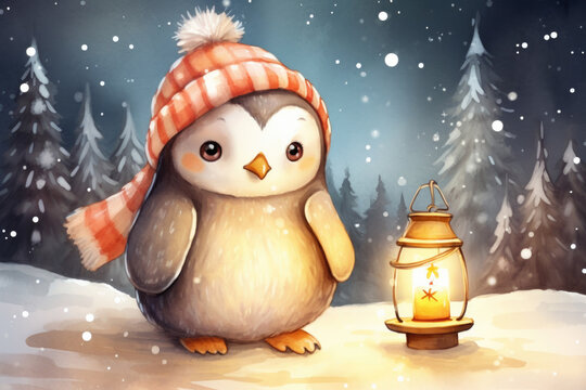 Cute penguin in a hat, illustration a winter forest, Christmas mood