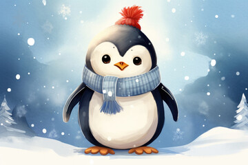 Fototapeta premium Cute penguin in a hat and scarf, illustration a winter forest, Christmas mood