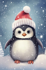 Fototapeta premium Cute penguin in a hat, illustration a winter forest, Christmas mood