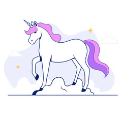 Naklejka premium Unicorn with a multi-colored tail, flat vector illustration.