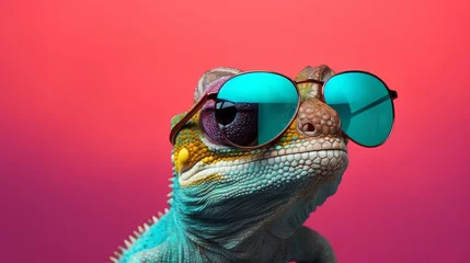 Fotobehang Cool chameleon wearing sunglasses on a solid color background, copy space, 16:9 © Christian