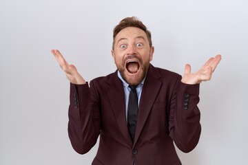 Middle age business man with beard wearing suit and tie celebrating crazy and amazed for success with arms raised and open eyes screaming excited. winner concept
