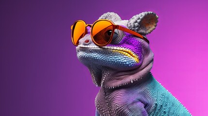 Cool chameleon wearing sunglasses on a solid color background, copy space, 16:9 - Powered by Adobe
