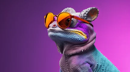 Fototapeten Cool chameleon wearing sunglasses on a solid color background, copy space, 16:9 © Christian
