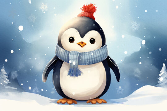 Cute penguin in a hat and scarf, illustration a winter forest, Christmas mood