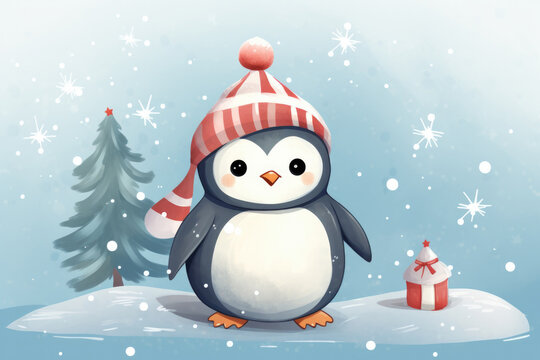 Cute penguin in a hat with gifts, illustration a winter forest, Christmas mood