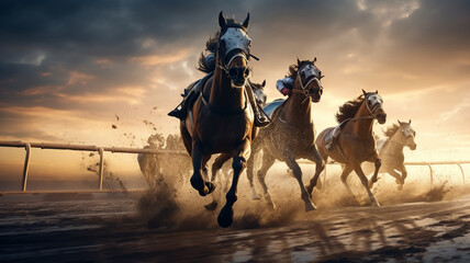 silhouette of a horse and rider in the sunset light.