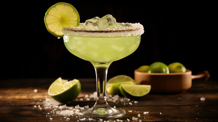 margarita cocktail in the glass with lime and salt. - obrazy, fototapety, plakaty