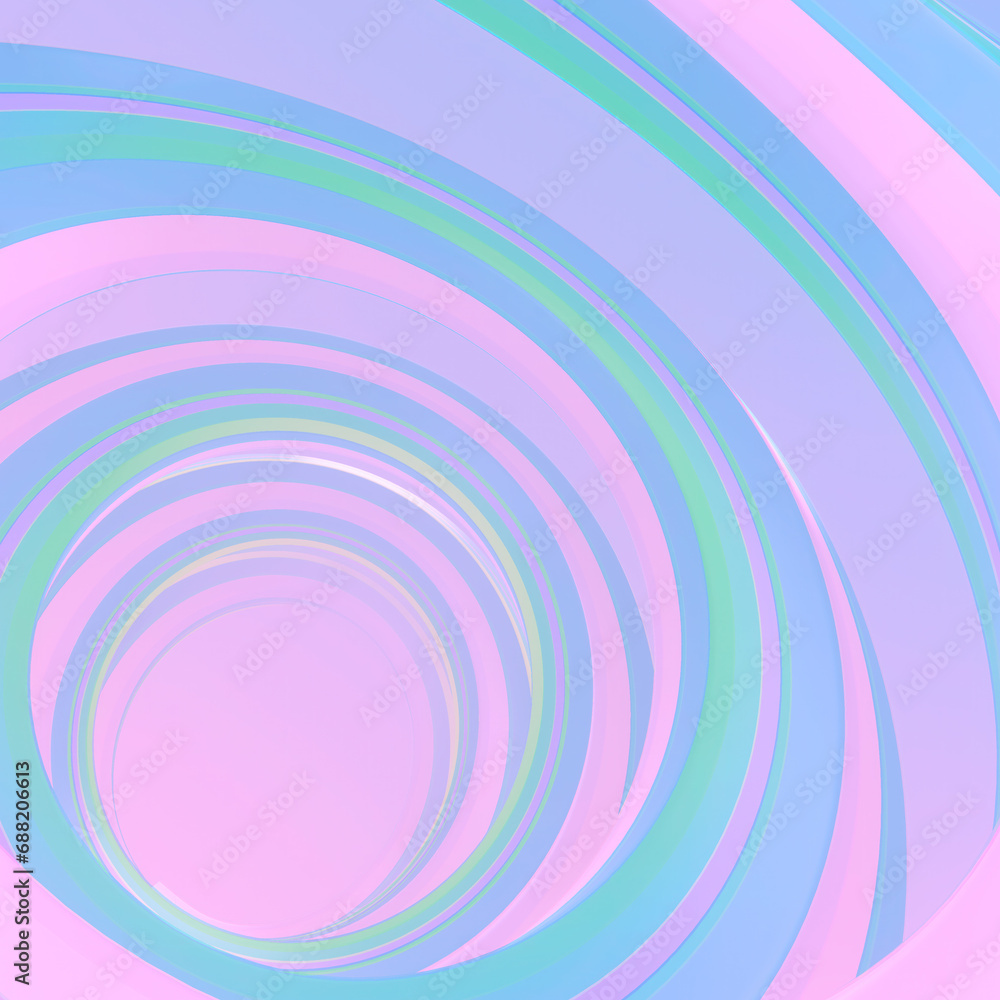 Poster Spiral pattern of many concentric circles with a combination of pink, blue and green. 3d rendering digital illustration