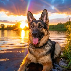 Serene German Shepherd by a Sunset Lake with Rainbow