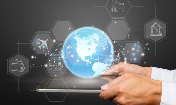 Hand of businessman with global logistics tablet,