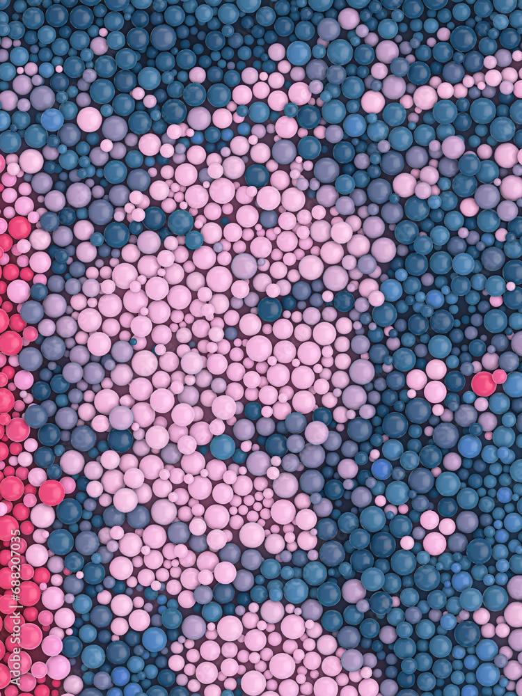 Poster Mixing waves of colored spherical particles. 3d rendering futuristic background. Digital illustration