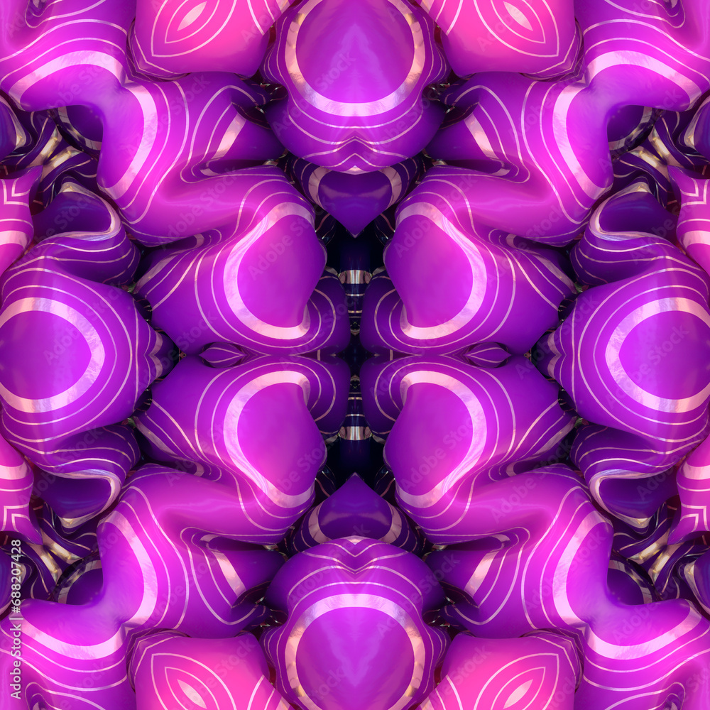 Poster Symmetrical composition in a purple color scheme and decorated with a pattern of gold circles. 3d rendering illustration