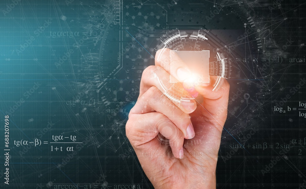 Poster ai technology, man using smart robot intelligence