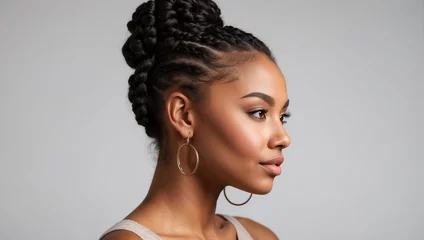 Fotobehang A beautiful black african american woman with a perfect clean face and pigtails gathered in a bun. 3/4 side view. Natural beauty. Gray background. © OneMoreTry