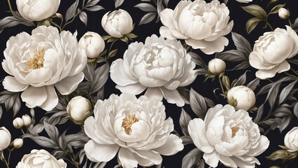 White peonies on a graphite background pattern. Floral detailed pattern. Floral natural background. Composition of  flowers. Stock illustration.