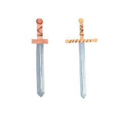 Set of two ancient swords - watercolor illustrations. Vikings symbols. Historical medieval weapons and protection.