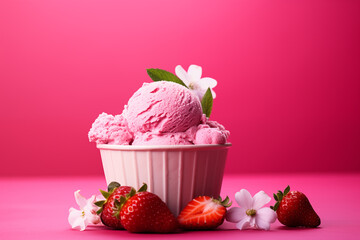 Strawberry ice cream on pink background, composition with copy space