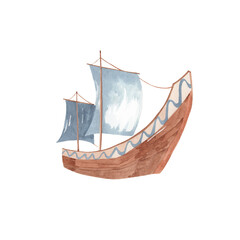 Norwegian ship with viking rune in ocean waves - watercolor hand painted illustration. Viking transport.