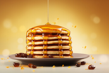 Stack of pancakes with honey and chocolate, copy space