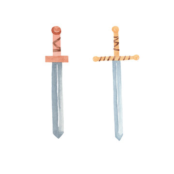 Set of two ancient swords - watercolor illustrations. Vikings symbols. Historical medieval weapons and protection.