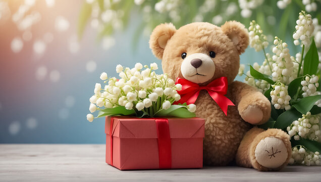 Cute funny teddy bear toy, with a gift box with a bow, with bouquets of lily of the valley flowers
