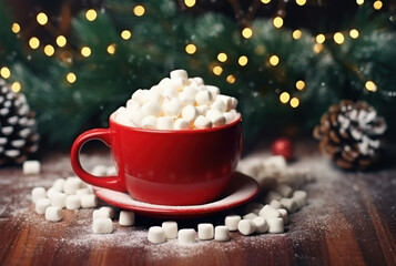 Obraz na płótnie Canvas Christmas red cup of coffee with marshmallows on wooden table