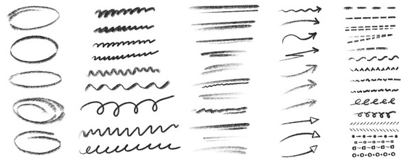 Set of black pencil drawn circles, lines, etc. drawn elements. Pencil style, handwritten, handmade. Curves. Web, typography.	