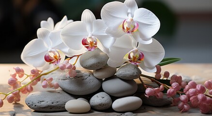 Majestic orchid against the background of smooth stones.