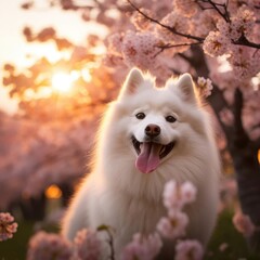 Obraz premium Cherry Blossom Frolic: A Japanese Spitz at Sunset