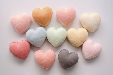 Obraz premium Many hand-sewn fabric hearts arranged in a top view, isolated background. Valentine's Day.