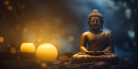 Buddha statue with candlelight and bokeh background.