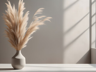 round stone vase with pampas grass on a minimalistic background near window