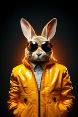 easter bunny is wearing sunglasses and a shiny yellow leather jacket. Easter holidays concept. Generative AI
