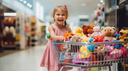 Shopping Joy - Cheerful Young Girl with Cart of Stuffed Toys