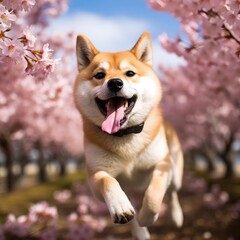 Cherry Blossoms and Canine Glee: A Shiba Inu's Playful Dance Captured in High Resolution
