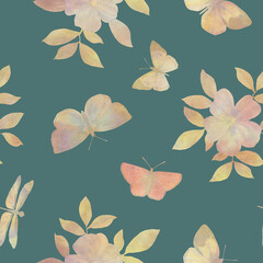 seamless botanical pattern, abstraction of delicate flowers and butterflies on a green background
