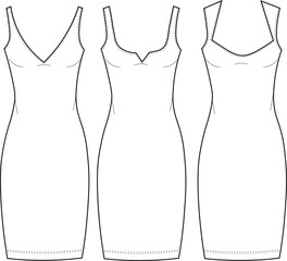 Vector woman midi dress. Set Dress technical fashion illustration. Women's jersey Dress fashion flat technical drawing template.