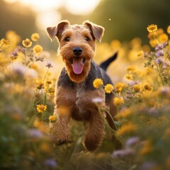 Welsh Terrier Frolic in Sunlit Wildflower Meadow
