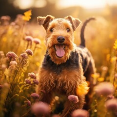 Welsh Terrier Frolic in Sunlit Wildflower Meadow