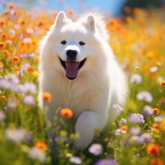 Samoyed Frolics in Wildflower Field: A Photographer's High-Resolution Capture