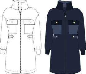 Oversize Down Coat technical drawing template, long sleeve, pockets. coat technical fashion illustration. Winter Parka Jacket. Technical Drawing, Flat Drawing. © gulsenbozkurt