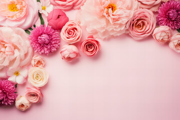 Valentine's Day background flat lay with colorful roses, peonies, ranunculuses, dahlias on a pastel pink background with copy space