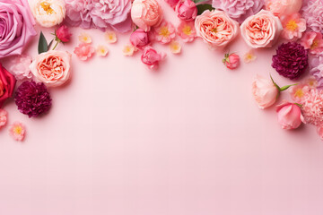Valentine's Day background flat lay with colorful roses, peonies, ranunculuses, dahlias on a pastel pink background with copy space