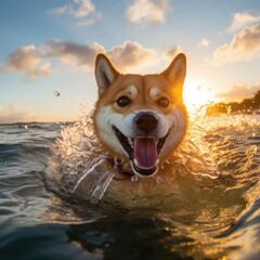 Majestic Shiba Inu Surfing in Hawaiian Sunset
