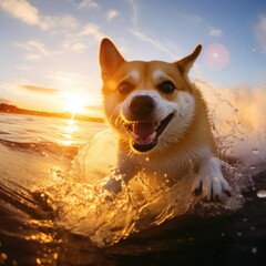 Majestic Shiba Inu Surfing in Hawaiian Sunset