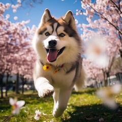 Springtime Frisbee Fun with Alaskan Malamute in Cherry Blossom Park