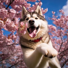 Springtime Frisbee Fun with Alaskan Malamute in Cherry Blossom Park
