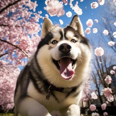Springtime Frisbee Fun with Alaskan Malamute in Cherry Blossom Park