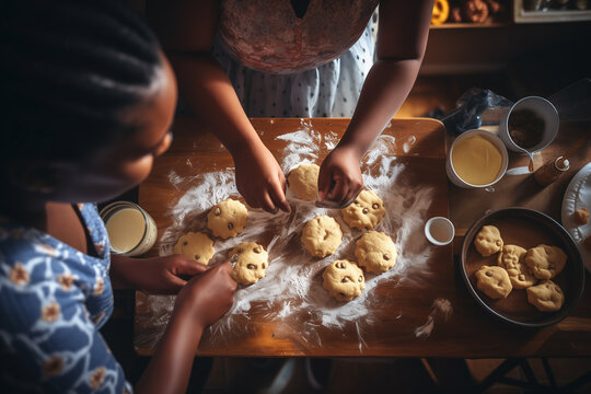 Top view close up of an African mother and daughter cooking heart-shaped mold cookies in the kitchen. National Cookie Day